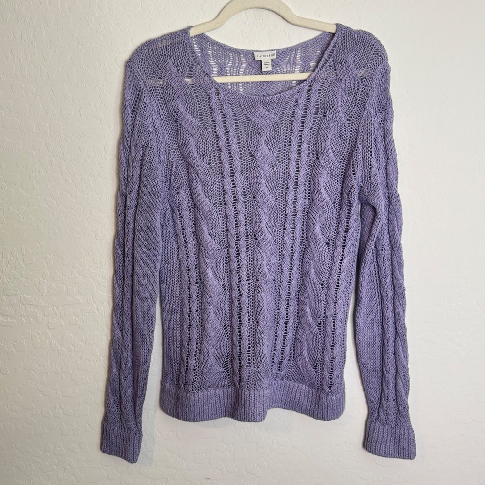 Garnet Hill Women Linen Cotton Sweater M Purple Open Knit Cable Coastal Boho